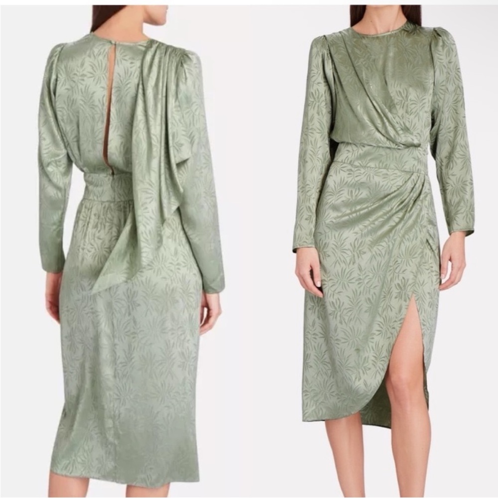 Ronny Kobo Jade Green Silk Jacquard Leaf Midi Dress